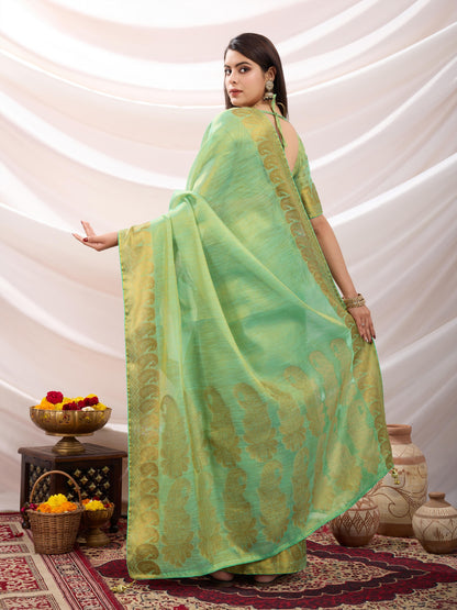 Pastel Green Linen Tissue Saree with Black Thread & Zari Weaving – Designer Blouse & Tassels