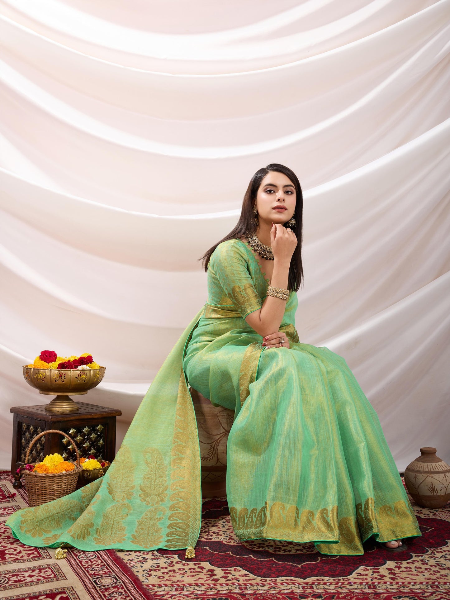 Pastel Green Linen Tissue Saree with Black Thread & Zari Weaving – Designer Blouse & Tassels