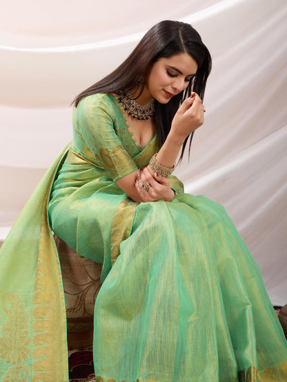 Pastel Green Linen Tissue Saree with Black Thread & Zari Weaving – Designer Blouse & Tassels