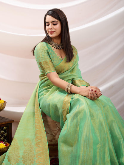 Pastel Green Linen Tissue Saree with Black Thread & Zari Weaving – Designer Blouse & Tassels