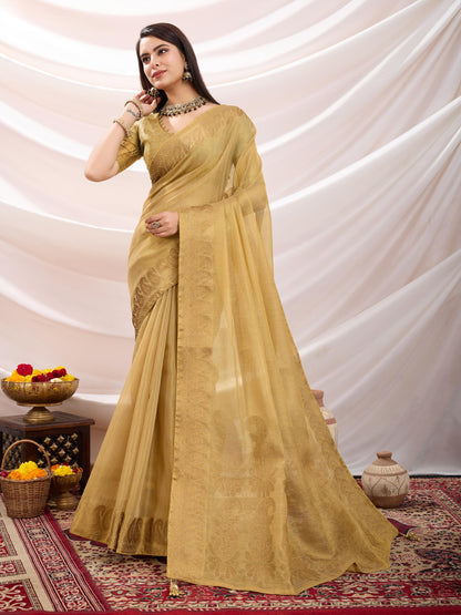 Honey Gold Linen Tissue Saree with Black Thread & Zari Weaving – Designer Blouse & Tassels