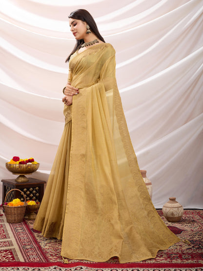 Honey Gold Linen Tissue Saree with Black Thread & Zari Weaving – Designer Blouse & Tassels