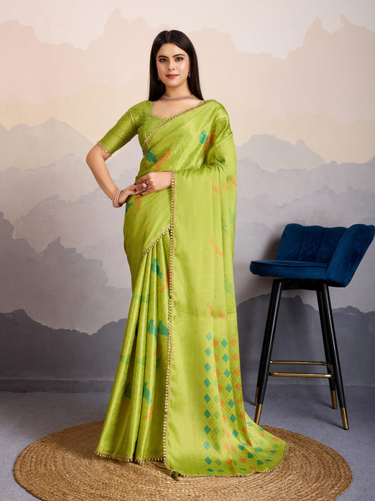 Avarah Lime Green Double Mysore Brocade Silk Saree with Regal Stone Work