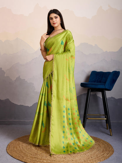 Avarah Lime Green Double Mysore Brocade Silk Saree with Regal Stone Work