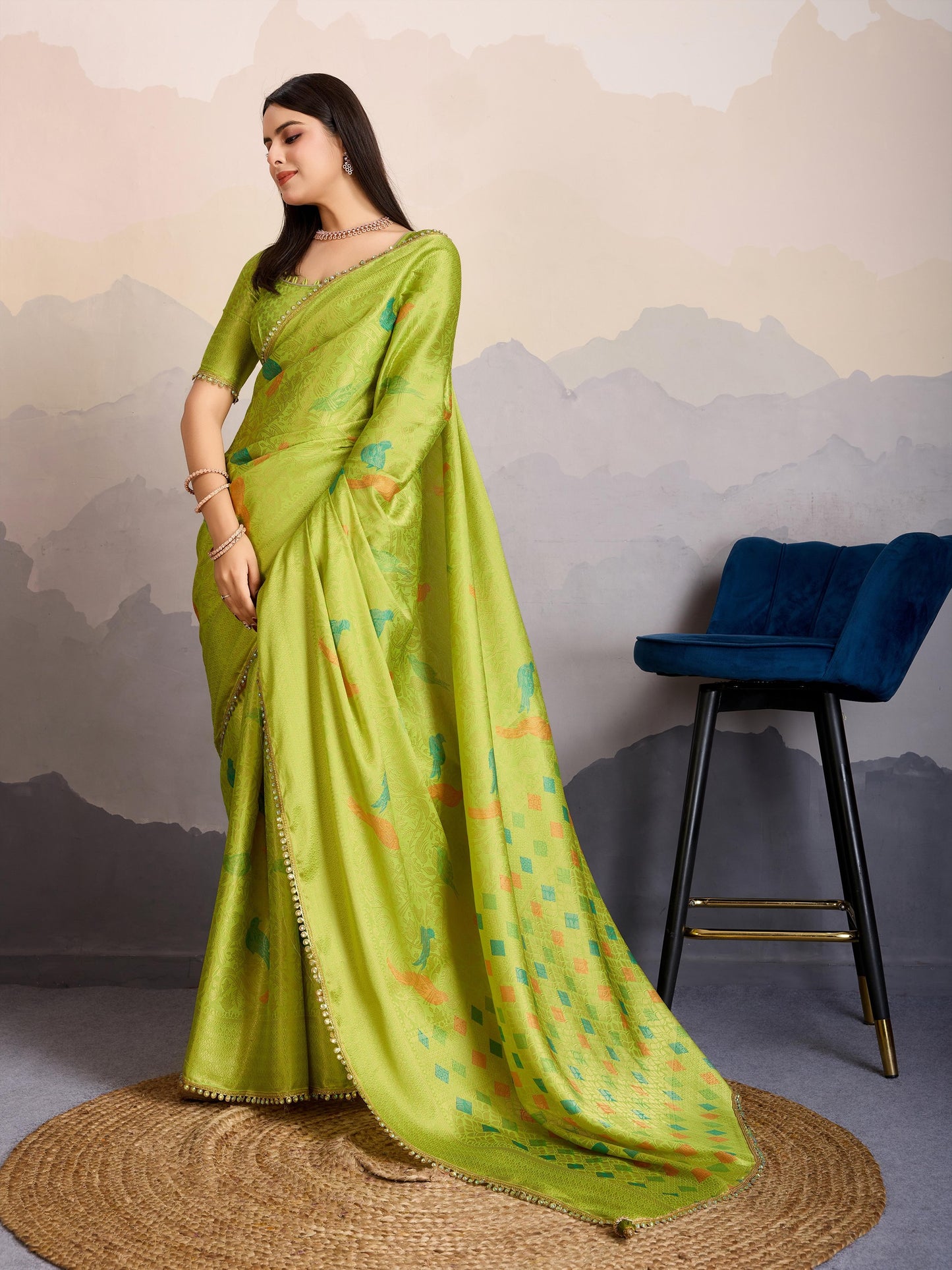 Avarah Lime Green Double Mysore Brocade Silk Saree with Regal Stone Work