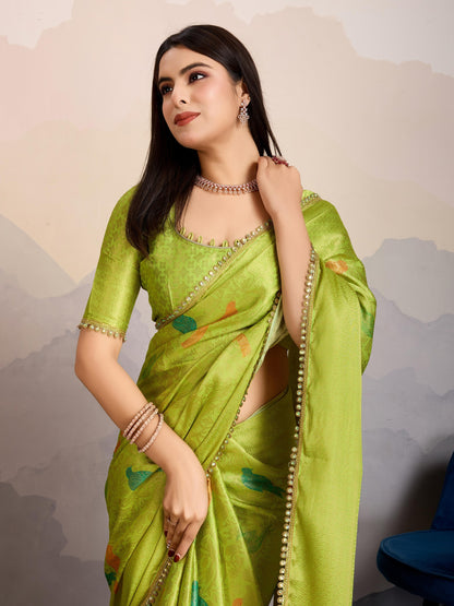 Avarah Lime Green Double Mysore Brocade Silk Saree with Regal Stone Work