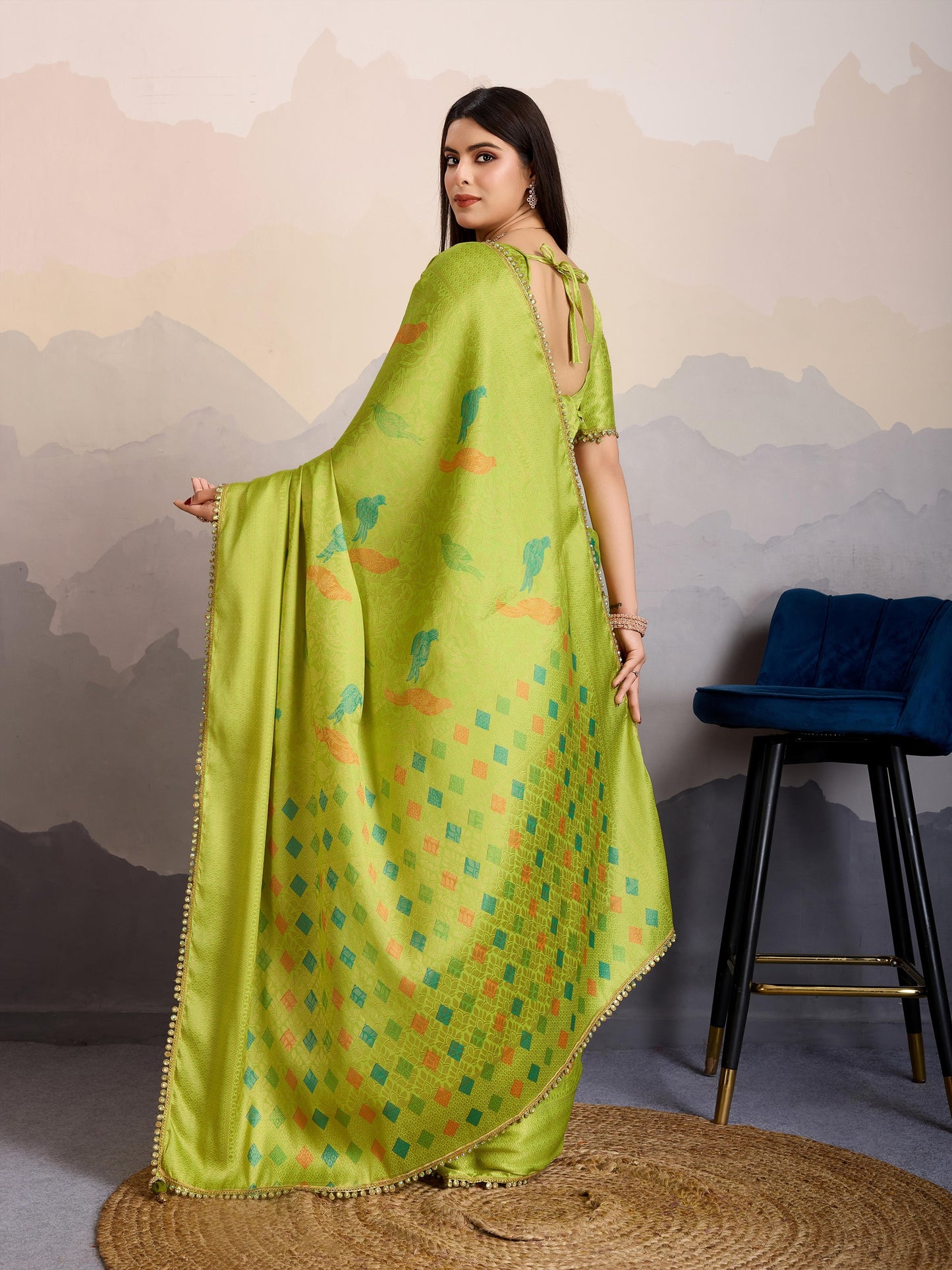 Avarah Lime Green Double Mysore Brocade Silk Saree with Regal Stone Work