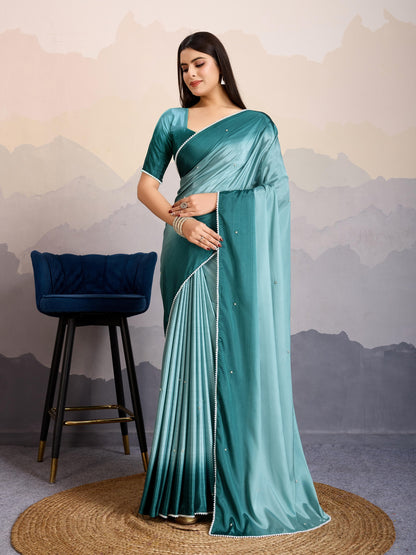 Teal Blue Shaded Crepe Satin Saree with Pearl & Bead Embellishments