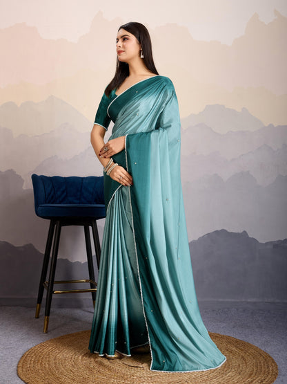 Teal Blue Shaded Crepe Satin Saree with Pearl & Bead Embellishments