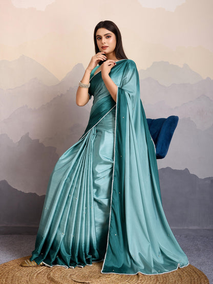 Teal Blue Shaded Crepe Satin Saree with Pearl & Bead Embellishments