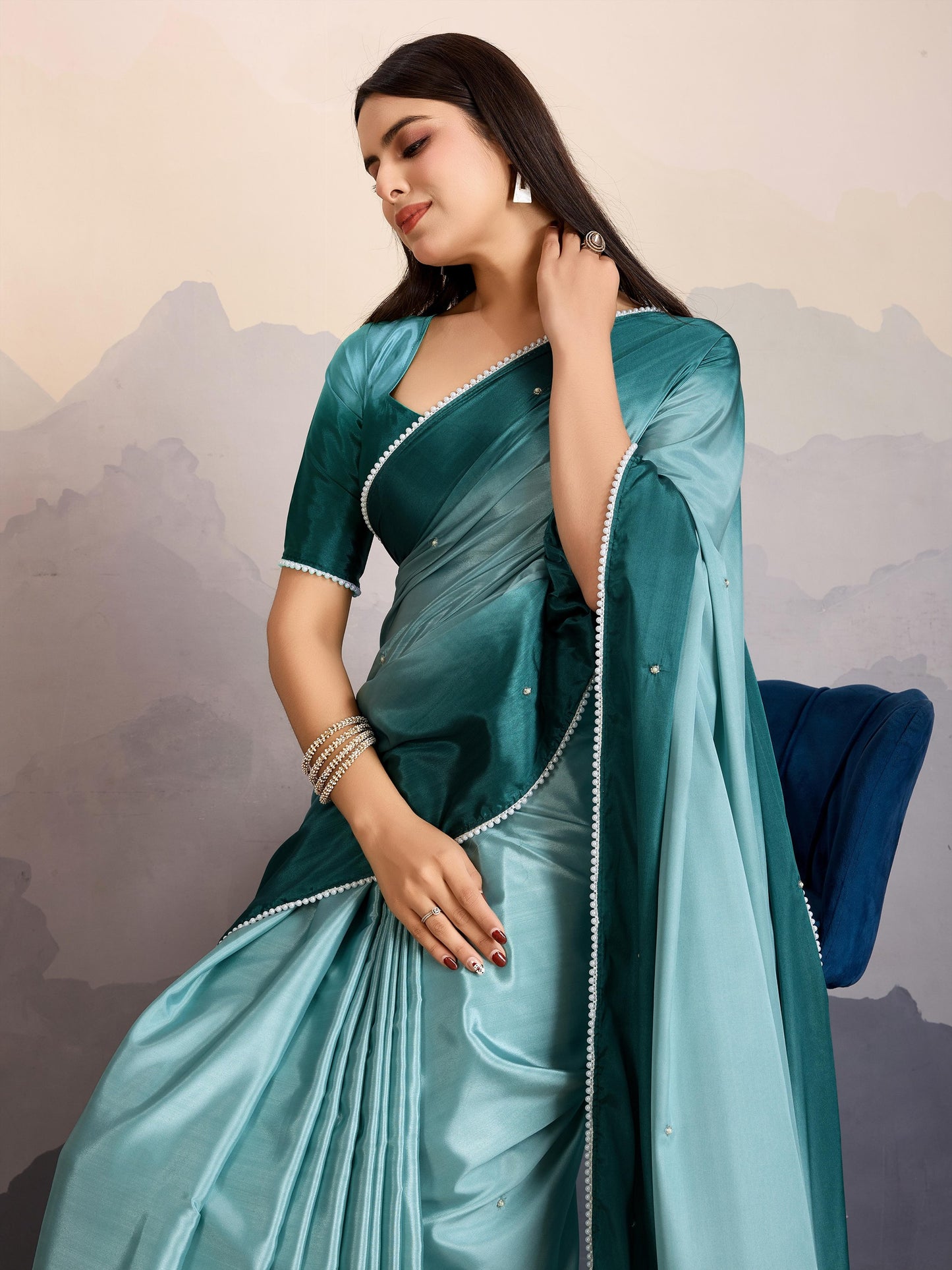 Teal Blue Shaded Crepe Satin Saree with Pearl & Bead Embellishments