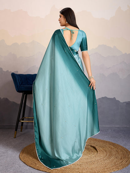 Teal Blue Shaded Crepe Satin Saree with Pearl & Bead Embellishments