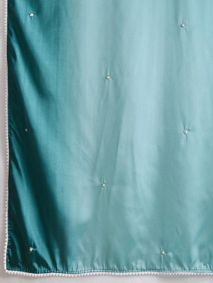 Teal Blue Shaded Crepe Satin Saree with Pearl & Bead Embellishments