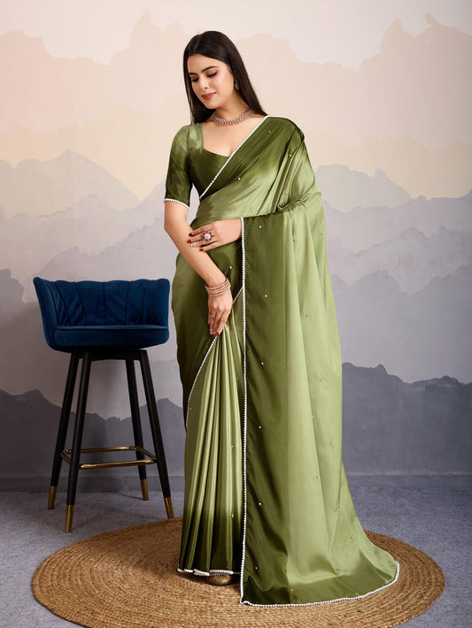 Olive Green Shaded Crepe Satin Saree with Pearl & Bead Embellishments