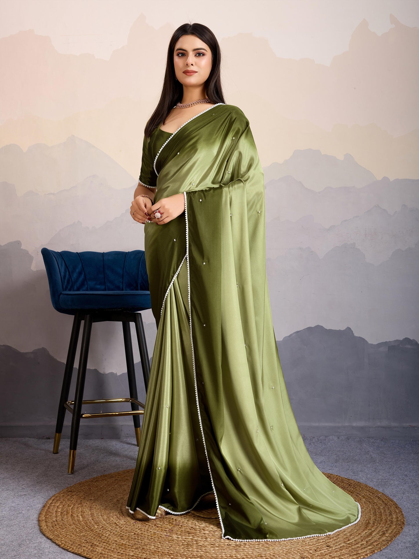 Olive Green Shaded Crepe Satin Saree with Pearl & Bead Embellishments