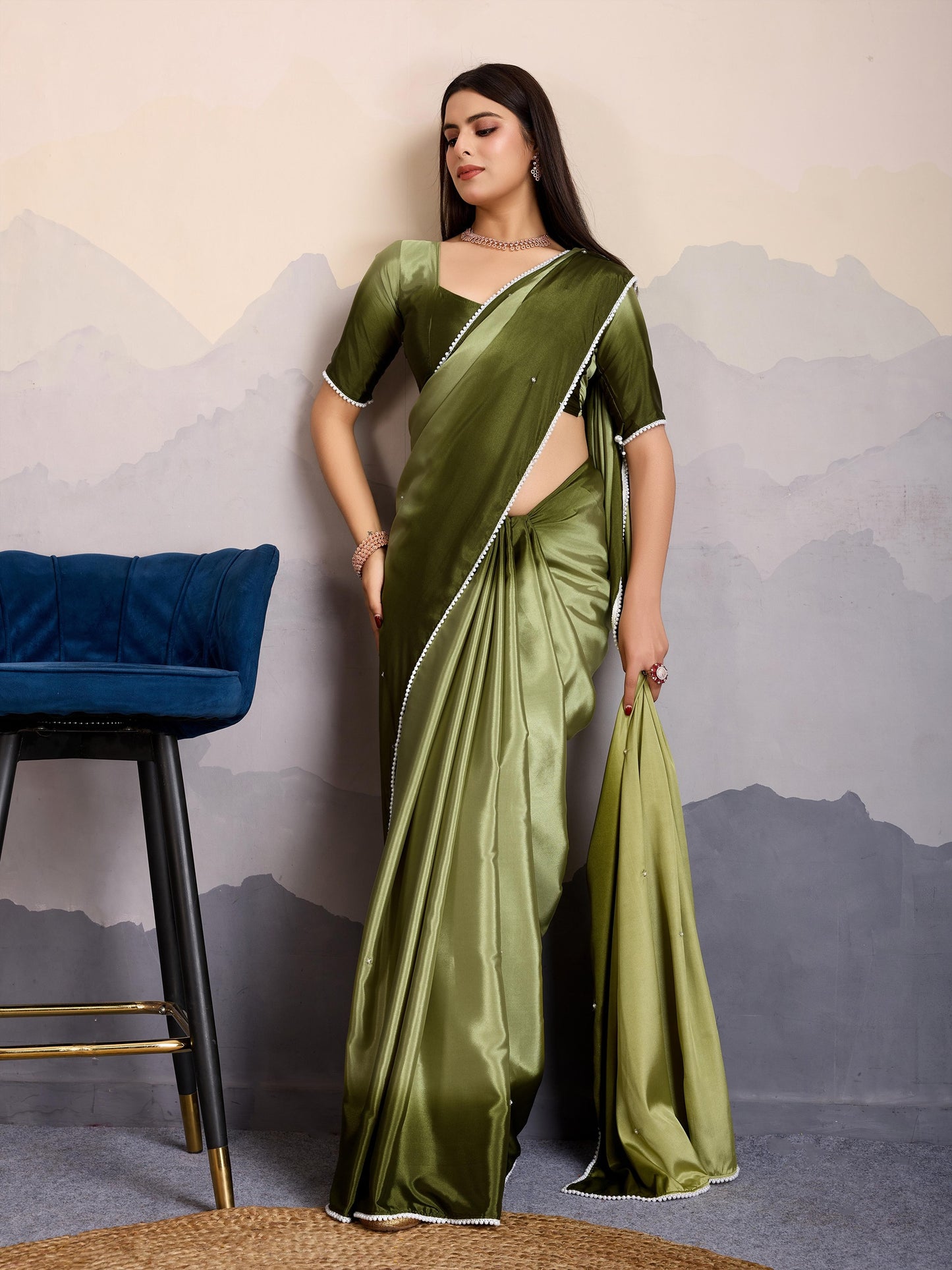 Olive Green Shaded Crepe Satin Saree with Pearl & Bead Embellishments