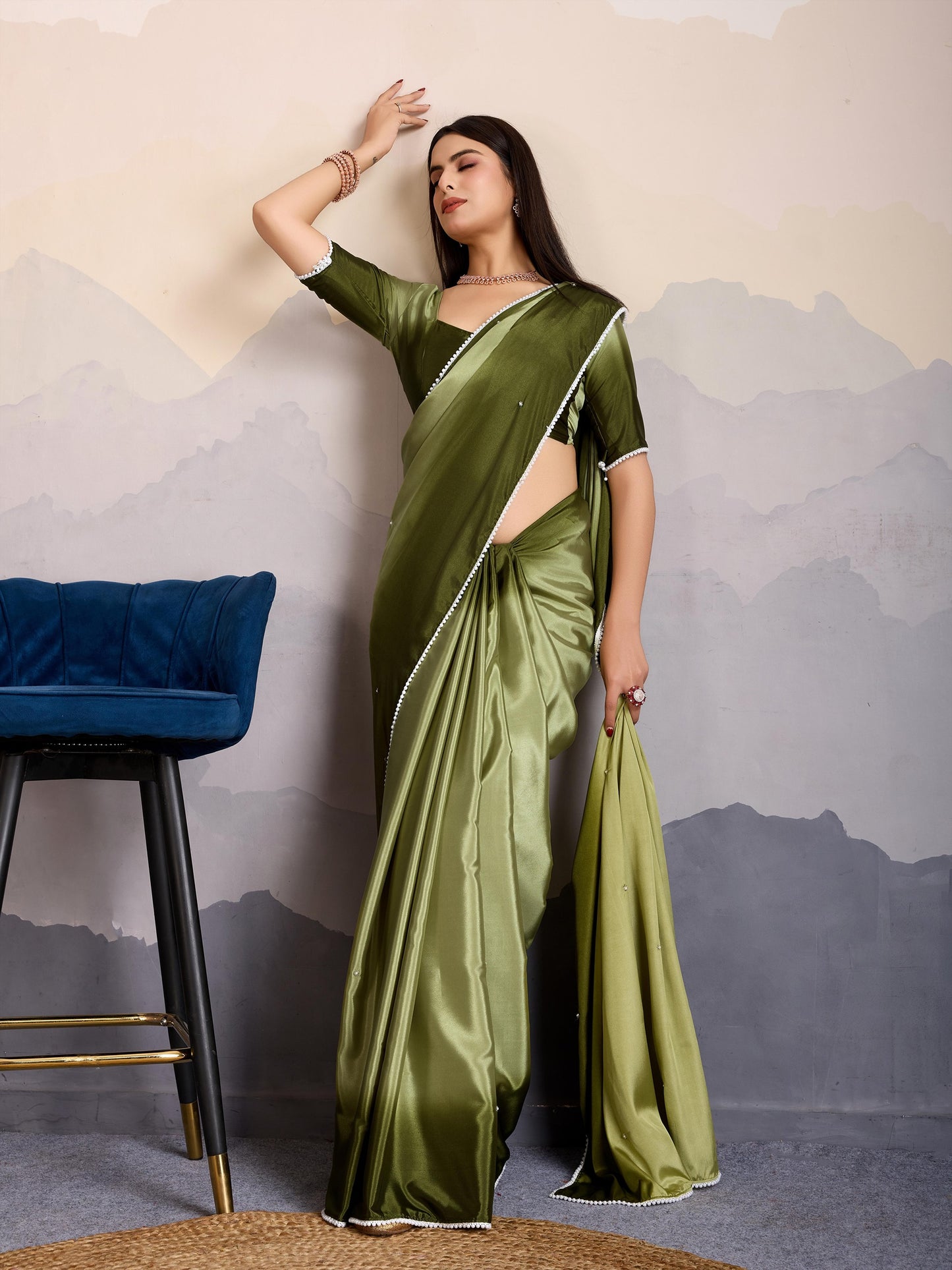 Olive Green Shaded Crepe Satin Saree with Pearl & Bead Embellishments