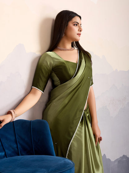 Olive Green Shaded Crepe Satin Saree with Pearl & Bead Embellishments