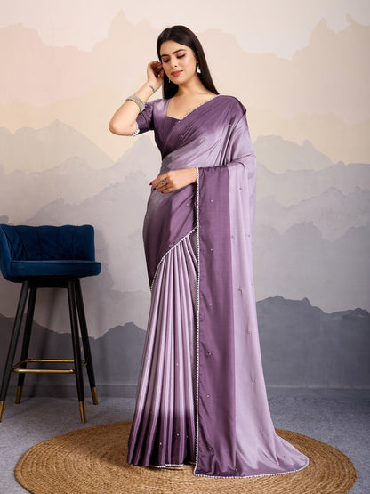 Lavender Shaded Crepe Satin Saree with Pearl & Bead Embellishments