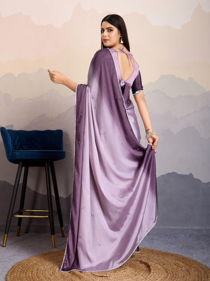 Lavender Shaded Crepe Satin Saree with Pearl & Bead Embellishments