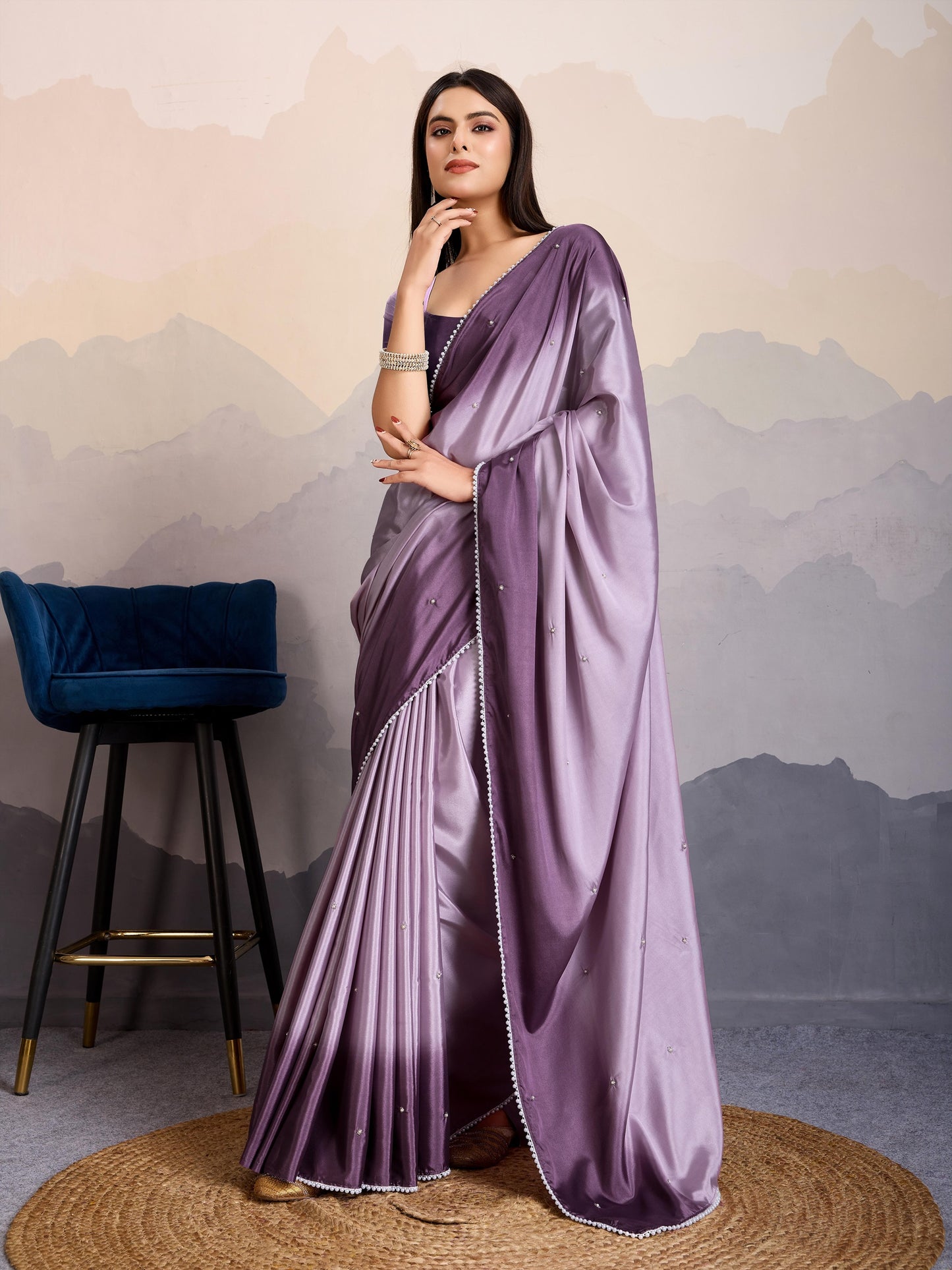 Lavender Shaded Crepe Satin Saree with Pearl & Bead Embellishments