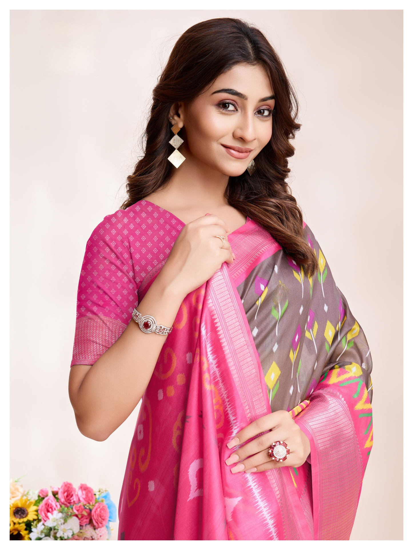 Graceful Soft Dola Silk Saree – Pink with Patola-Inspired 3D Digital Print