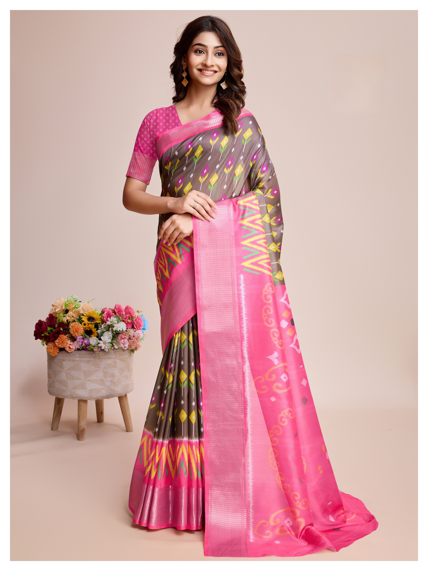 Graceful Soft Dola Silk Saree – Pink with Patola-Inspired 3D Digital Print