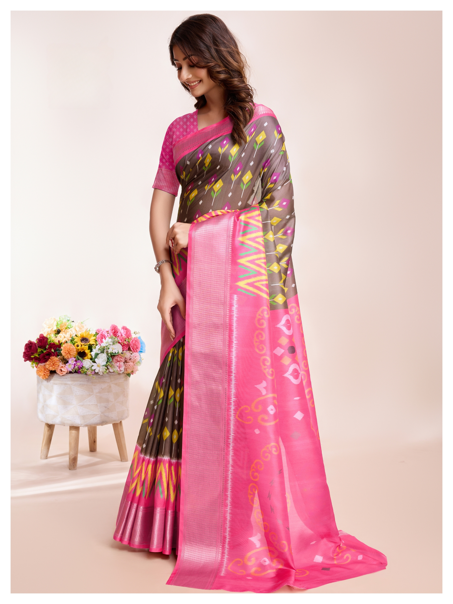 Graceful Soft Dola Silk Saree – Pink with Patola-Inspired 3D Digital Print