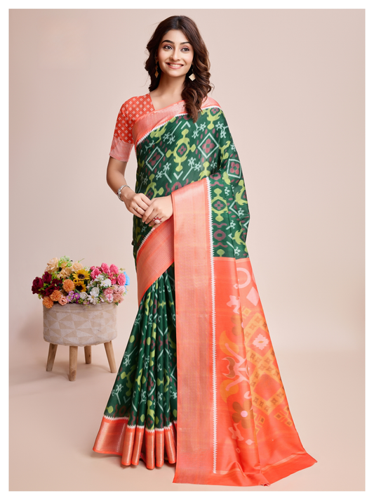 Elegant Soft Dola Silk Saree – Printed Green with Orange Blouse