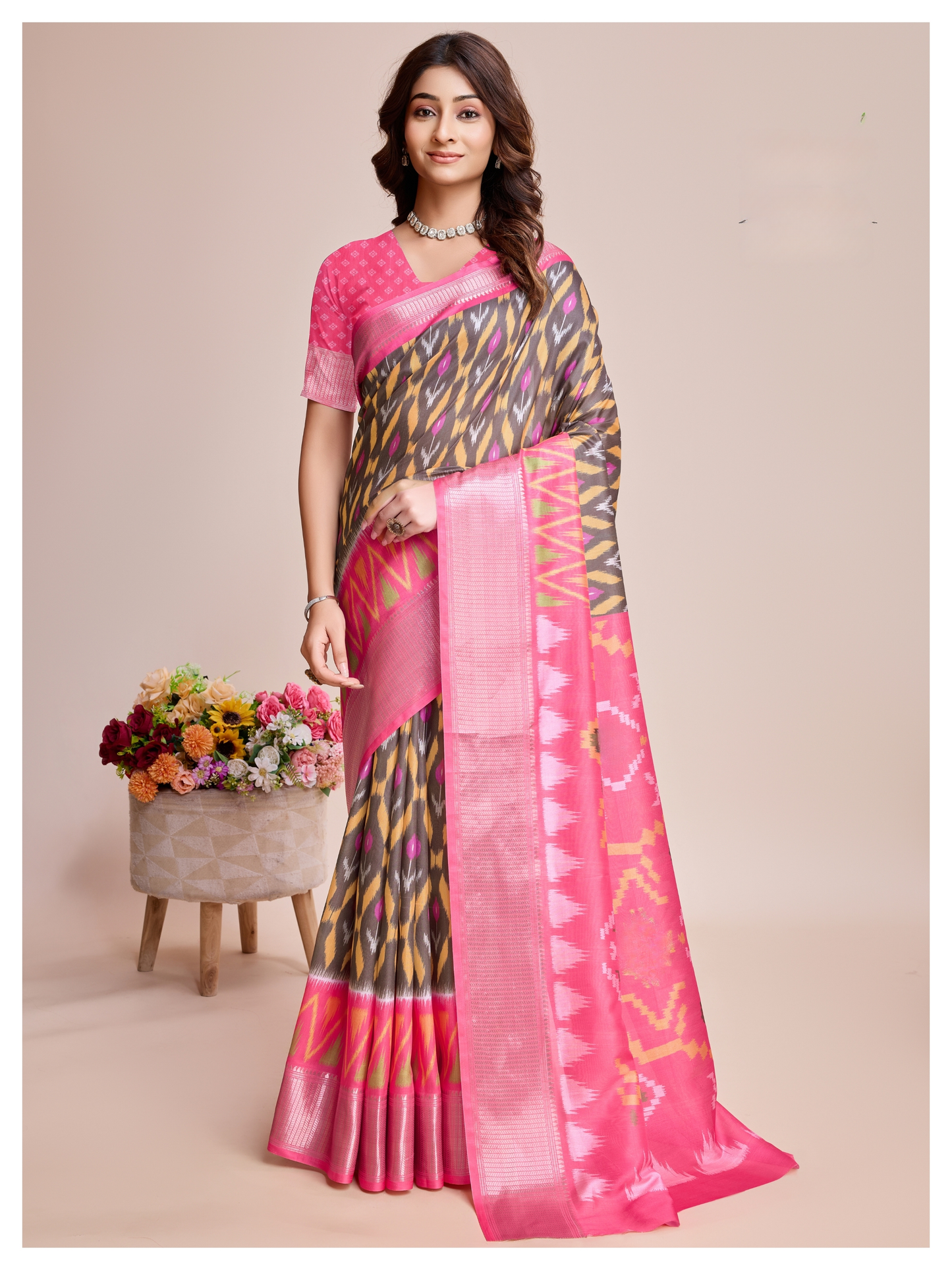 Vibrant Soft Dola Silk Saree – Hot Pink with Patola-Inspired 3D Digital Print