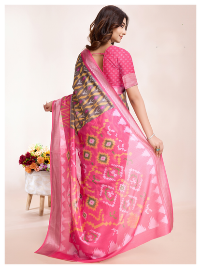 Vibrant Soft Dola Silk Saree – Hot Pink with Patola-Inspired 3D Digital Print