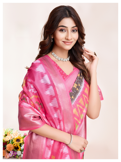 Vibrant Soft Dola Silk Saree – Hot Pink with Patola-Inspired 3D Digital Print