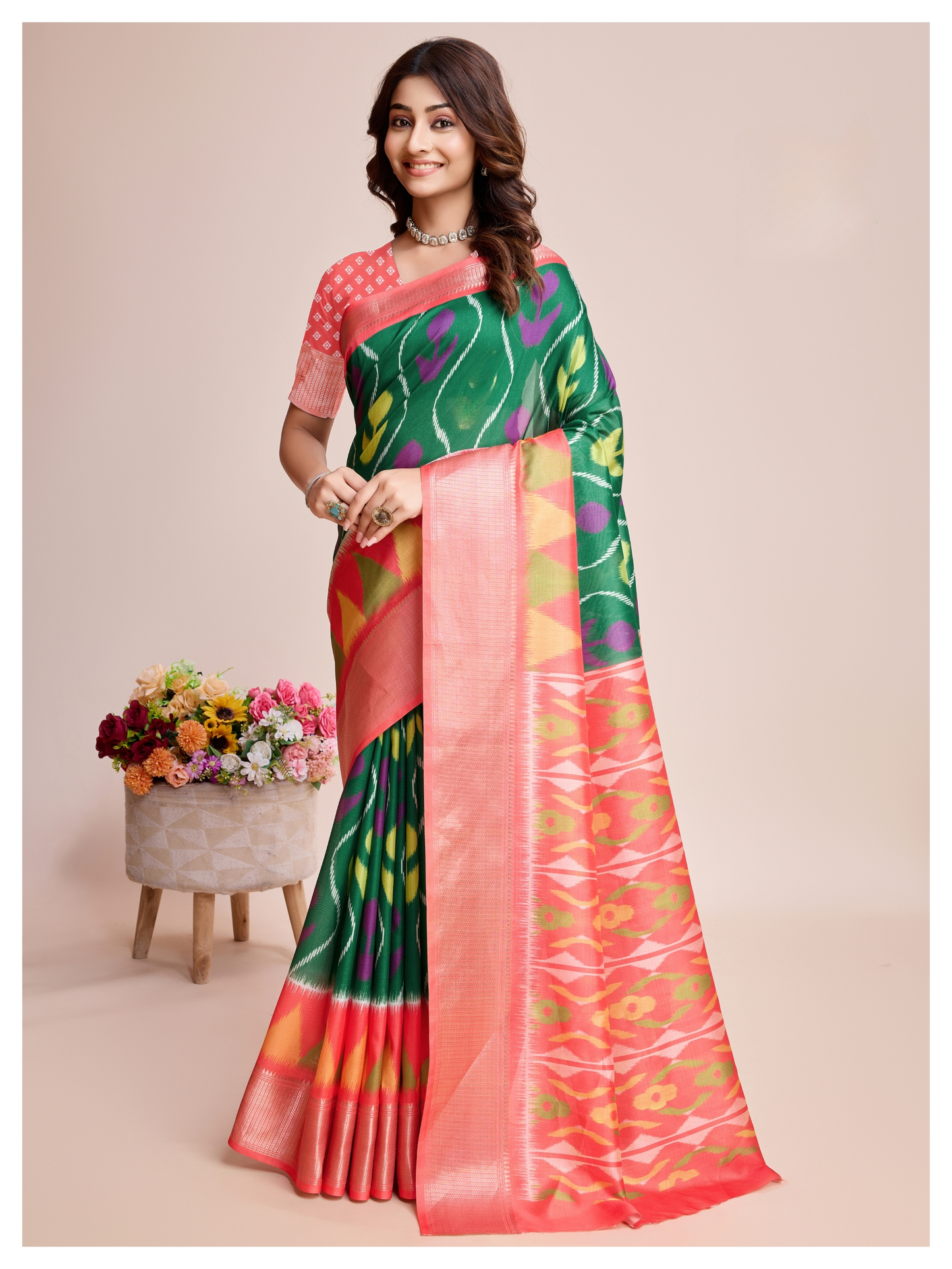 Graceful Soft Dola Silk Saree – Peach with Printed Green Accents