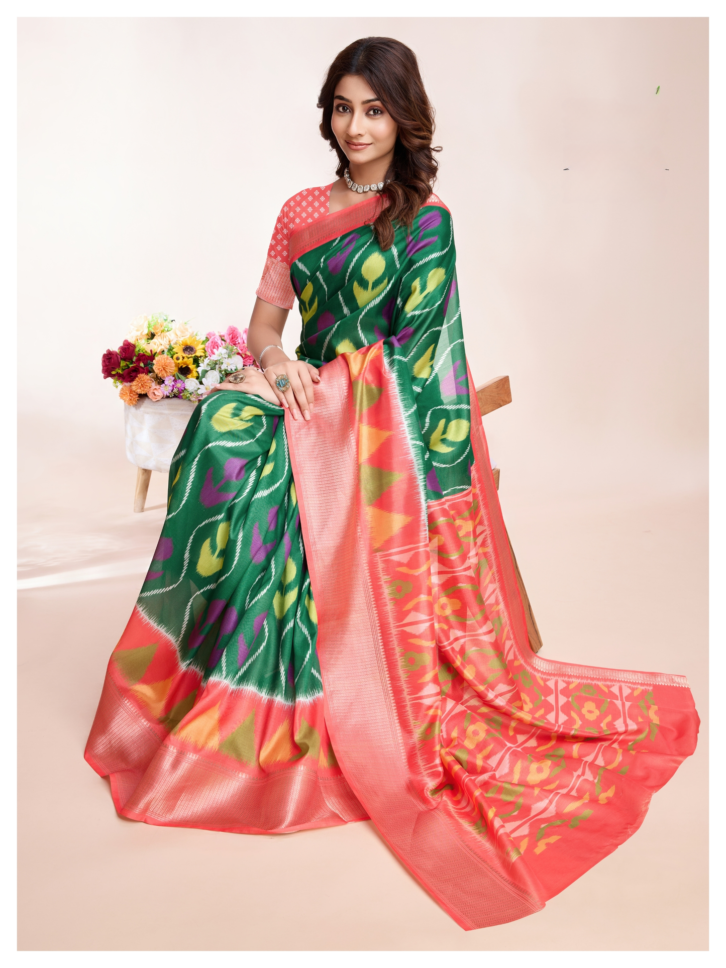 Graceful Soft Dola Silk Saree – Peach with Printed Green Accents