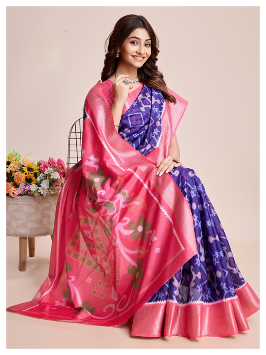 Elegant Soft Dola Silk Saree – Pink with Blue Prints